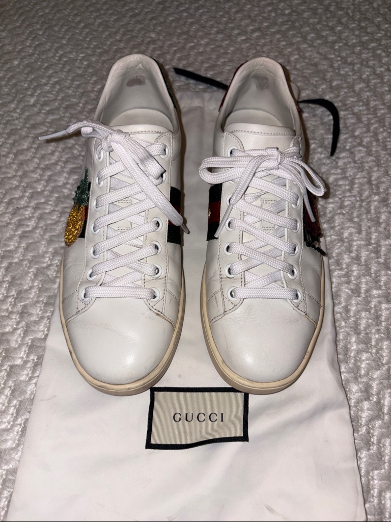 Gucci White Leather Ace Sneakers With Embroidered Bee & Web Stripe